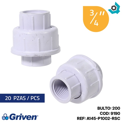[9190] UNION UNIVERSAL 3/4" DE PVC CON ROSCA GRIVEN