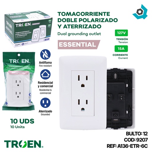 [9207] TOMACORRIENTE DOBLE CON TIERRA BLANCO TROEN