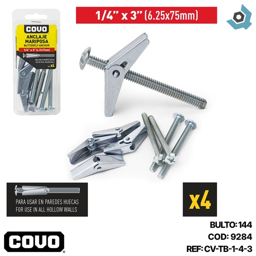 [9284] TORNILLO 1/4" CON ANCLAJE MARIPOSA COVO