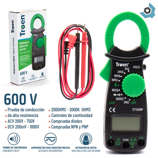 [9321] PROBADOR DE VOLTAJE 600V DIGITAL DE GANCHO TROEN