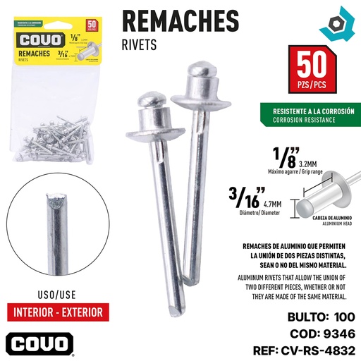 [9346] REMACHE 3/16" X 1/8" 50 PIEZAS COVO