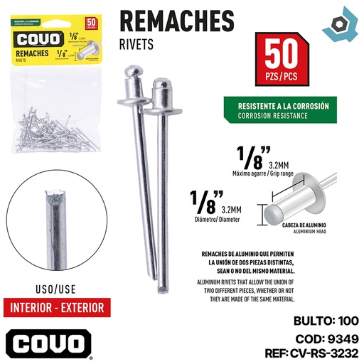 [9349] REMACHE 1/8" X 1/8" 50 PIEZAS COVO