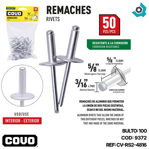 [9372] REMACHES 3/16" X 5/8" ALA ANCHA 50 PIEZAS COVO