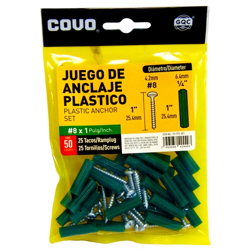 [9429] TORNILLOS CON RAMPLUG 8 X 1" 50 PIEZAS COVO