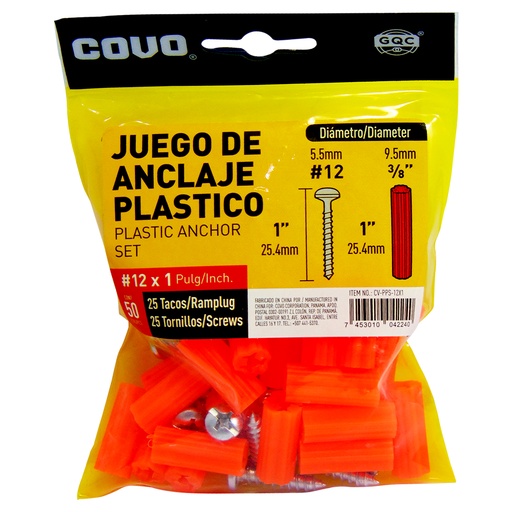 [9430] TORNILLOS CON RAMPLUG 12 X 1" 50 PIEZAS COVO
