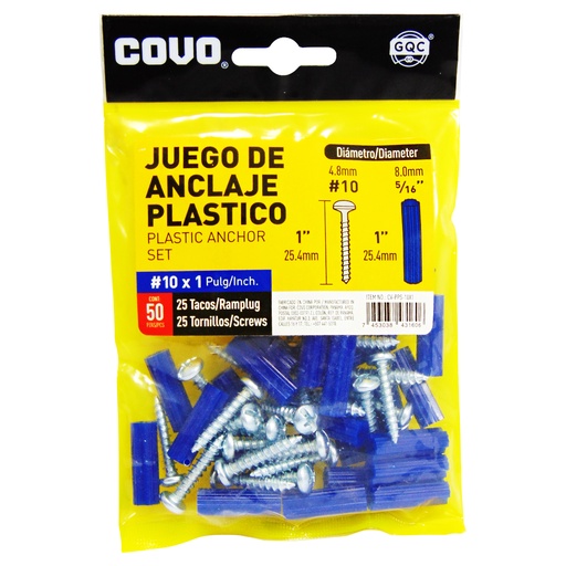 [9431] TORNILLOS CON RAMPLUG 10 X 1" 50 PIEZAS