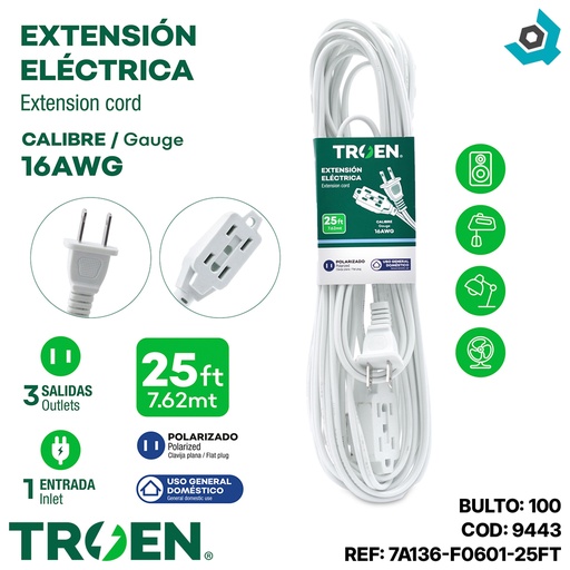 [9443] EXTENSION ELECTRICA 25FT 3 TOMAS TROEN