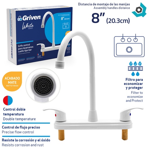 [9473] GRIFERIA PARA FREGADERO 8" CUELLO DE CISNE GRIVEN WHITE