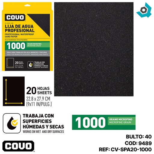 [9489] LIJA DE AGUA 9" X 11" GRANO 1000 MICROFINO COVO