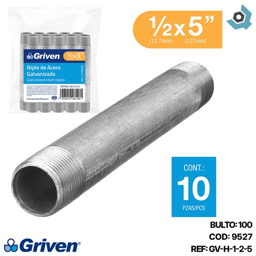 [9527] NIPLE 1/2" X 5" DE ACERO GALVANIZADO GRIVEN