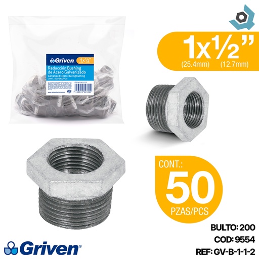 [9554] REDUCCION BUSHING 1" X 1/2" DE ACERO GALVANIZADO GRIVEN (50 UNIDADES)