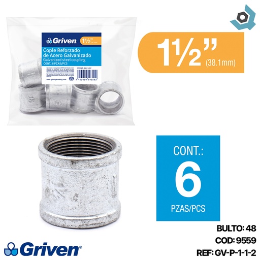 [9559] UNION REFORZADA 1 1/2" DE ACERO GALVANIZADO GRIVEN