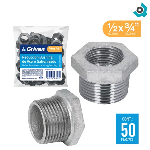 [9562] REDUCCION BUSHING 1/2" X 3/4" DE ACERO GALVANIZADO GRIVEN