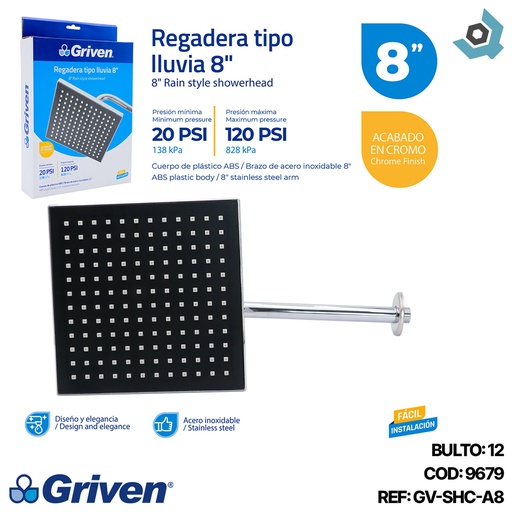 [9679] REGADERA PARA BANO 8" CUADRADA CROMADA GRIVEN