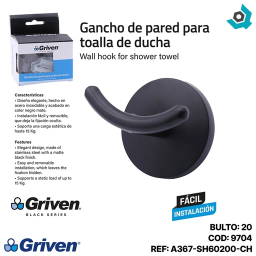 [9704] GANCHO DE PARED PARA TOALLA GRIVEN BLACK