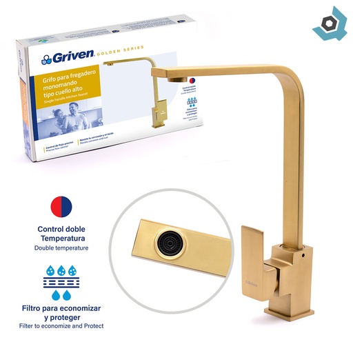 [9707] GRIFERIA PARA FREGADERO INDIVIDUAL CUELLO ALTO GRIVEN DORADO