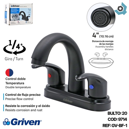 [9714] GRIFERIA PARA LAVAMANOS 4" CUELLO CURVO GRIVEN BLACK
