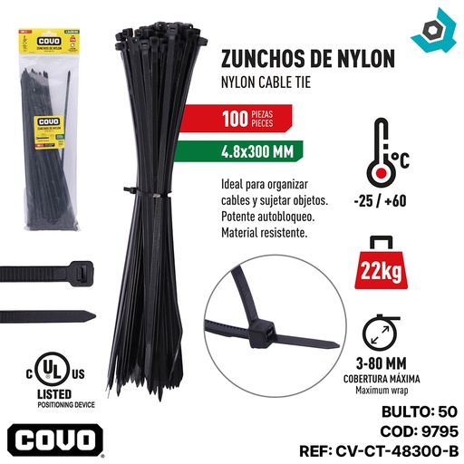 [9795] TIRRAJE NYLON NEGRO 4.8-300MM 100PZAS COVO