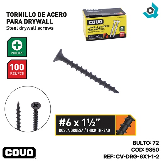[9850] TORNILLO DRYWALL #6 X 1 1/2" ROSCA GRUESA 100PZA COVO