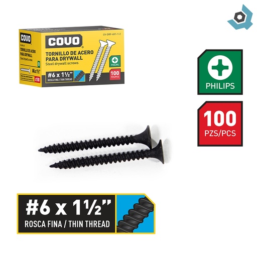 [9853] TORNILLO DRYWALL #6 X 1 1/2" ROSCA FINA 100PZA COVO