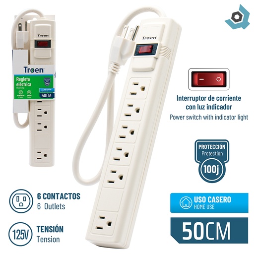 [9870] REGLETA ELECTRICA 6 TOMAS CON TIERRA TROEN