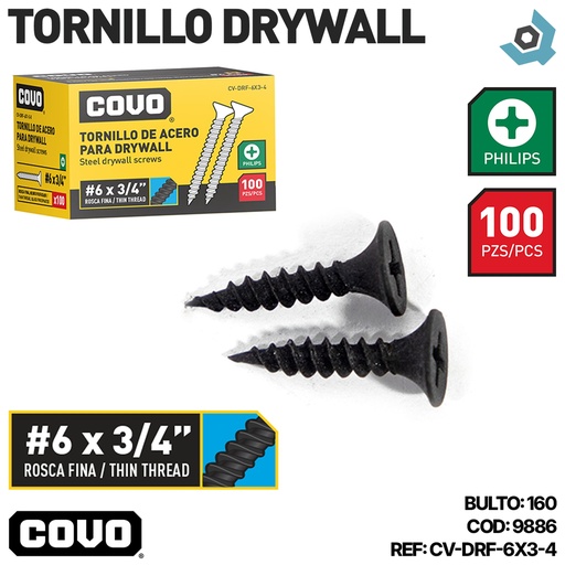 [9886] TORNILLO DRYWALL #6 X 3/4" ROSCA FINA 100PZA COVO