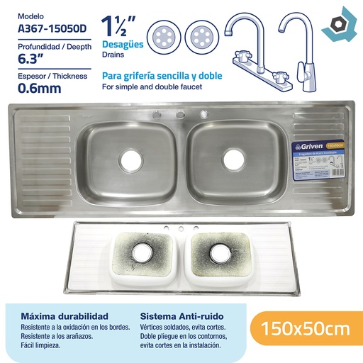 [9962] FREGADERO DOBLE 150X50CM ACERO INOXIDABLE GRIVEN
