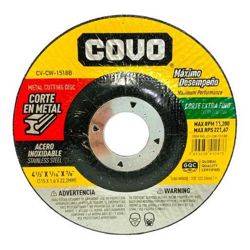 [11102] DISCO PARA CORTE FINO 4 1/2" DE ACERO INOXIDABLE PARA CORTE EN METAL COVO
