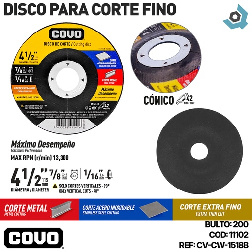 [11102] DISCO PARA CORTE FINO 4 1/2" DE ACERO INOXIDABLE PARA CORTE EN METAL COVO