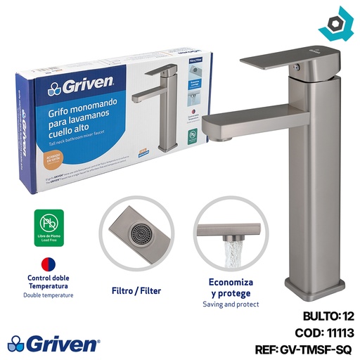 [11113] GRIFERIA MONOMANDO PARA LAVAMANOS CUELLO ALTO SATINADA GRIVEN