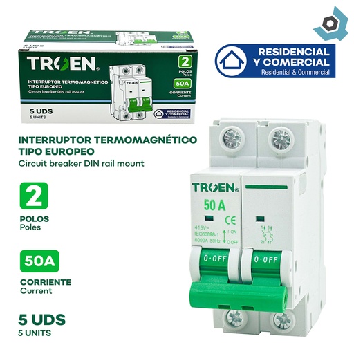 [11165] BREAKER TERMOMAGNETICO 50A 2P TIPO EUROPEO TROEN