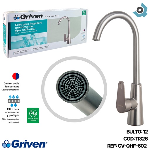 [11326] GRIFERIA PARA FREGADERO MONOMANDO CUELLO ALTO GRIS METALICO GRIVEN GUN METAL