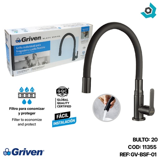 [11355] GRIFERIA INDIVIDUAL PARA FREGADERO CUELLO FLEXIBLE GRIVEN BLACK
