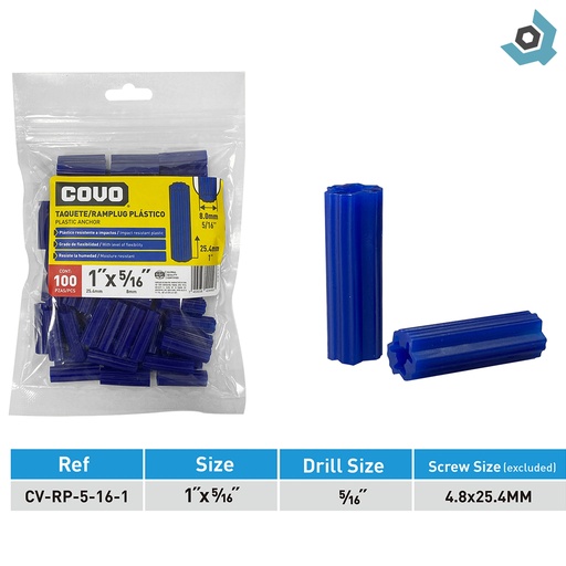 [11361] RAMPLUG PLASTICO 1" X 5/16 100 PIEZAS COVO