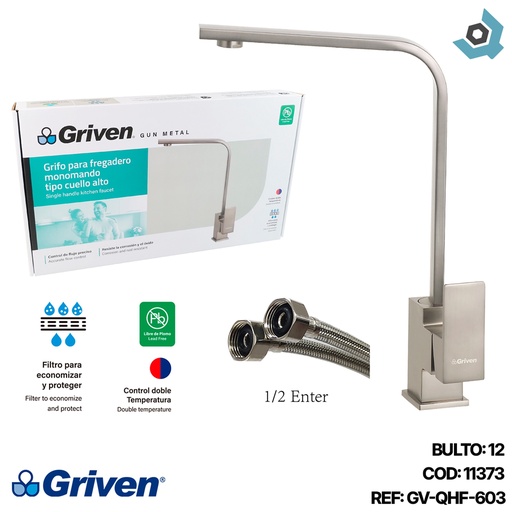 [11373] GRIFERIA PARA FREGADERO MONOMANDO CUELLO ALTO GRIS METALICO GRIVEN GUN METAL