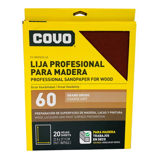 [11480] LIJA PROFESIONAL 9" X 11" PARA MADERA GRANO 60 COVO
