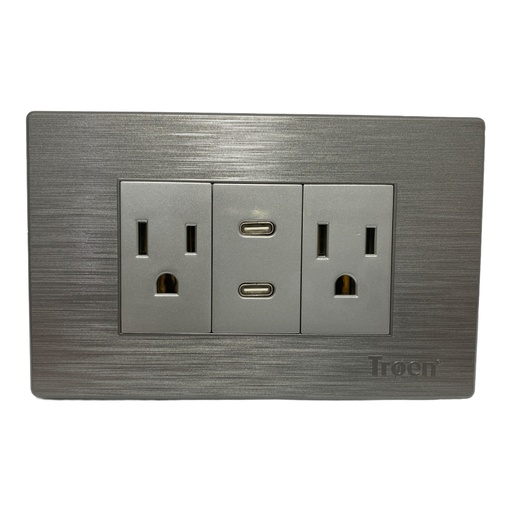 [11672] TOMACORRIENTE DOBLE CON 2 TIPO C PLATEADO TROEN