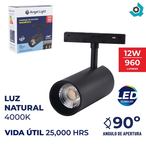 [11690] LAMPARA LED PARA RIEL MAGNETICO 12W 4000K NEGRO ANGEL LIGHT