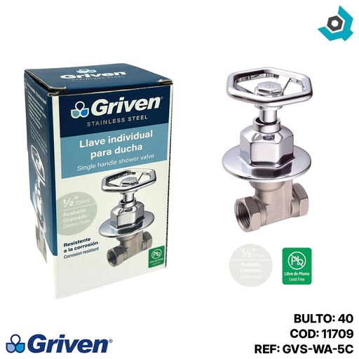 [11709] LLAVE PARA DUCHA 1/2" CROMADO ACERO INOXIDABLE GRIVEN