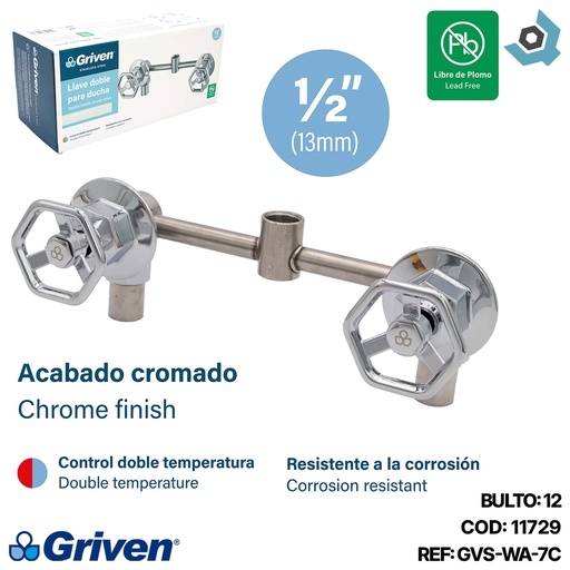 [11729] LLAVE DOBLE PARA DUCHA 1/2" CROMADO ACERO INOXIDABLE GRIVEN