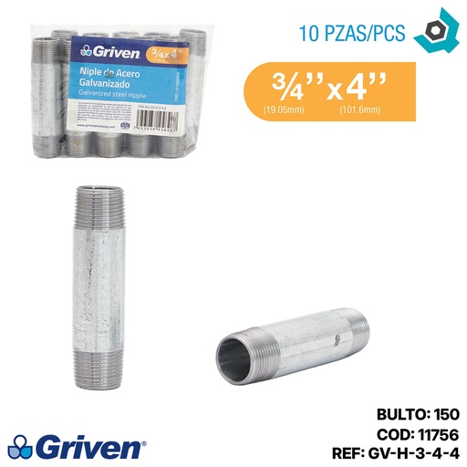 [11756] NIPLE 3/4" X 4" DE LARGO DE ACERO GALVANIZADO GRIVEN