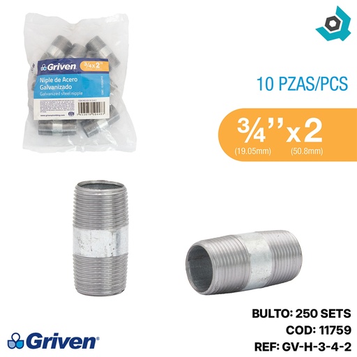 [11759] NIPLE 3/4" X 2" DE LARGO DE ACERO GALVANIZADO GRIVEN