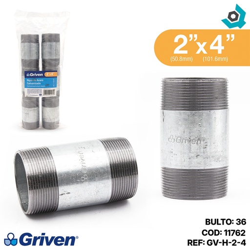 [11762] NIPLE 2" X 4" DE LARGO DE ACERO GALVANIZADO GRIVEN