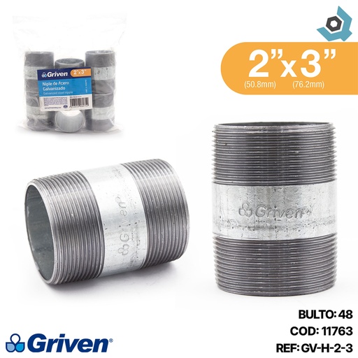 [11763] NIPLE 2" X 3" DE LARGO DE ACERO GALVANIZADO GRIVEN
