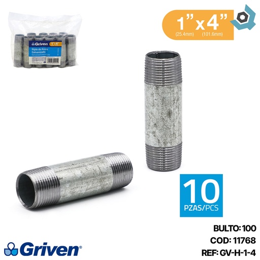 [11768] NIPLE 1" X 4" DE LARGO DE ACERO GALVANIZADO GRIVEN