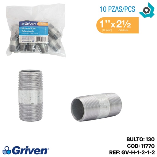 [11770] NIPLE 1" X 2 1/2" DE LARGO DE ACERO GALVANIZADO GRIVEN