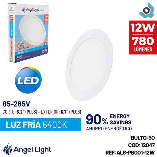 [12047] LAMPARA  LED PARA EMPOTRAR REDONDA 12W 6400K ANGEL LIGHT BASIC