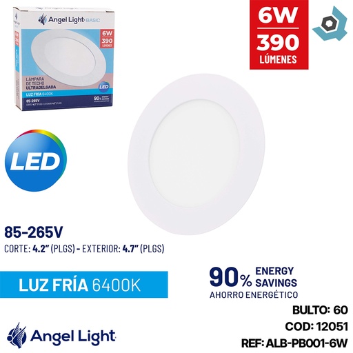 [12051] LAMPARA  LED PARA EMPOTRAR REDONDA 6W 6400K ANGEL LIGHT BASIC