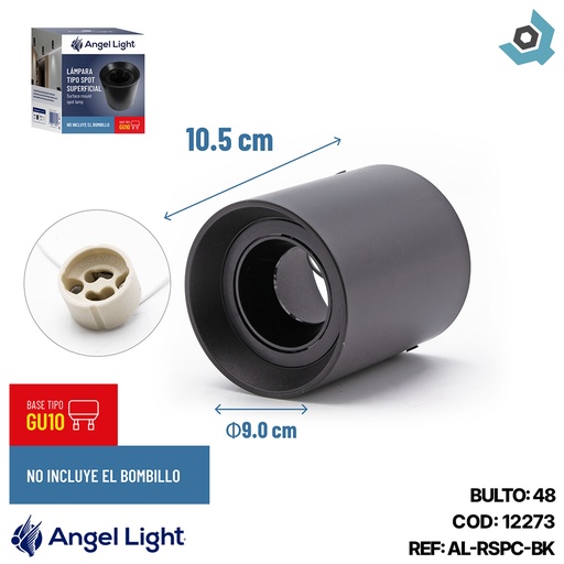 [12273] LAMPARA SPOT REDONDA SUPERFICIAL GU10 10.5CM NEGRO ANGEL LIGHT