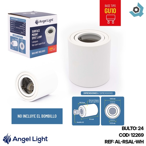 [12269] LAMPARA SPOT REDONDA SUPERFICIAL GU10 8.4CM BLANCO ANGEL LIGHT